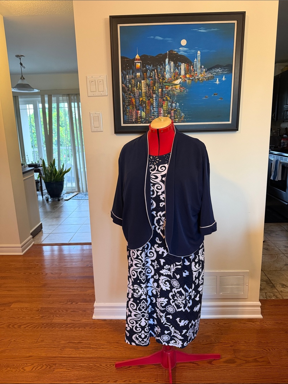 TanJay Navy Cropped Open-Front Jacket with White Trim and Sheath Dress